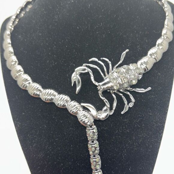 Silver Scorpion Choker Statement Necklace W/Chain Fringe crystals - Picture 2 of 12